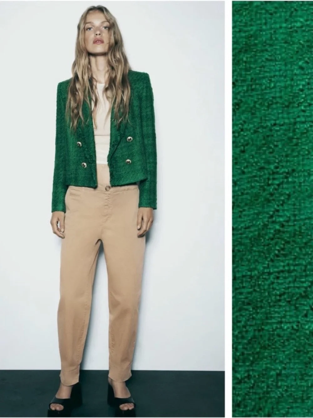 NWT Zara Gold Button Emerald Green Tweed Cropped Blazer Size:SMALL - Picture 3 of 10
